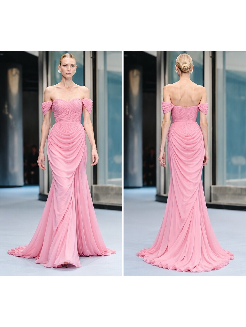 Ashley Lauren Pink Chiffon Ruched Off Shoulder Mermaid Evening Gown sz 4 Runway